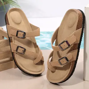 Women's Sandals with 2 Adjustable Buckle Cork Footbed Slides Comfortable Outdoor Strappy Slip-On Slippers