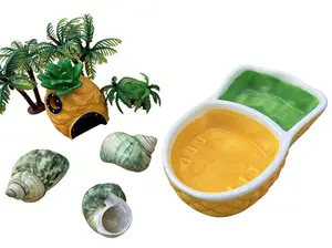 Hermit Crab Habitat Kit 3 Green Turbo Shells Dual Compartment Feeder Pineapple Hideout Faux Palm Tree Pet Safe Resin Tropical Themed Ecosystem for Reptile Terrarium Decor（Acrylic case not included）