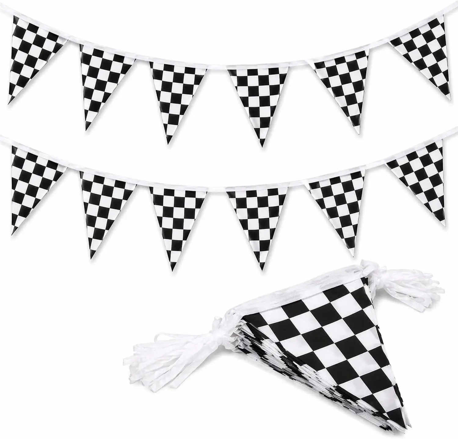 Black and White Checkered Pennant Banner, 21 Large Flags on 30 ft String, Anti-Fray Reusable Polyester Triangle Bunting Garland for Race Car Birthday Party, Sports Events, Indoor Outdoor