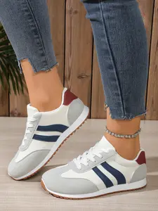 1 Pair Retro Color-Blocked Stripe Sneakers, Classic Training Shoe Style, Lightweight Breathable Anti-Slip Wear-Resistant, Soft Sole Comfort, Versatile Couple Casual Sports Shoes for Students, Commute, Campus & Daily Outings