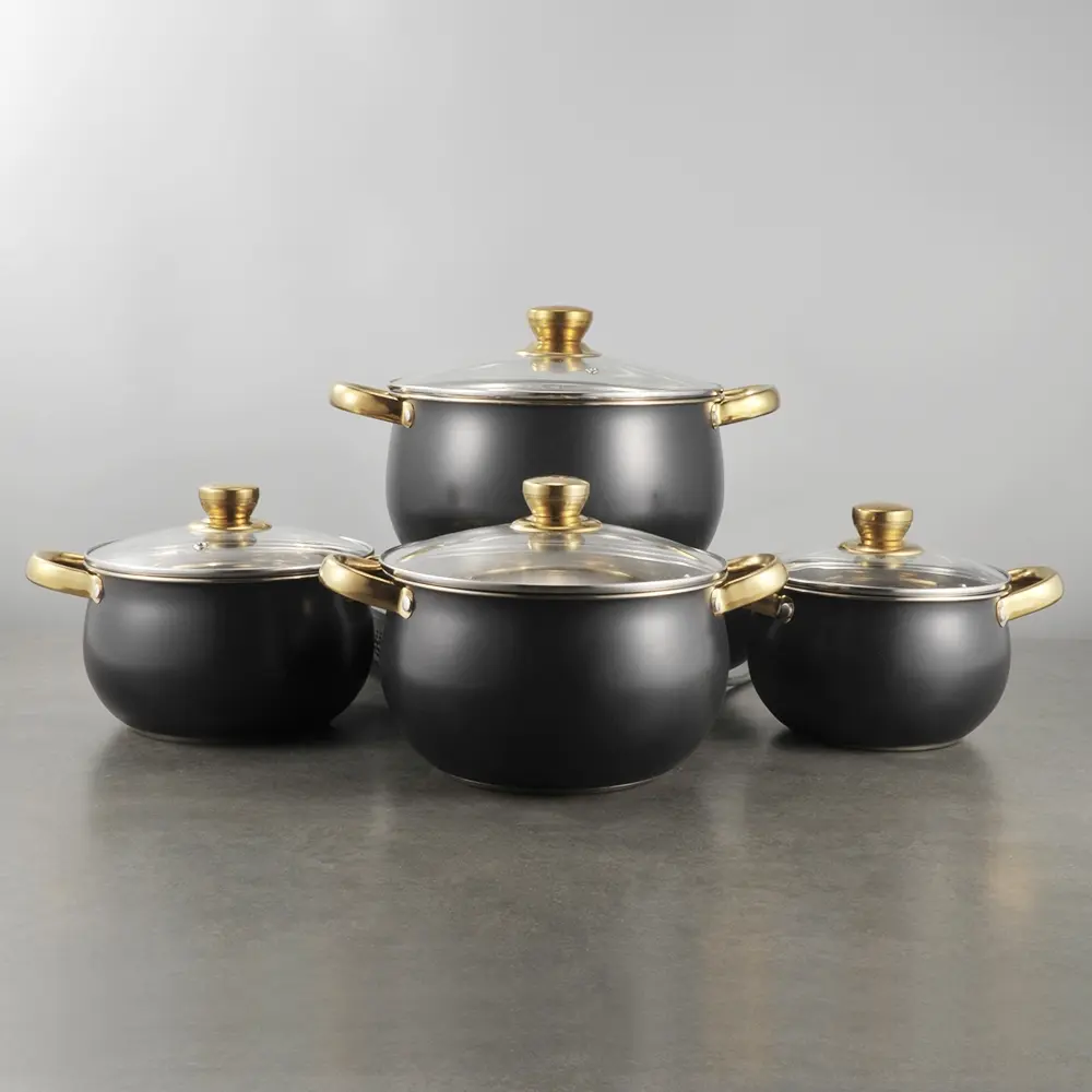 Gold Handle Stainless Steel Cookware Set with Non-Stick Pan and Glass Lid, Universal Use Kitchenware, Premium Cookware Collection