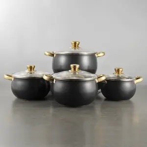 Gold Handle Stainless Steel Cookware Set with Non-Stick Pan and Glass Lid, Universal Use Kitchenware, Premium Cookware Collection