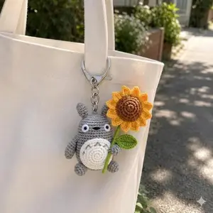 Handmade Totoro Crochet Keychain with Sunflower | Cute Amigurumi Anime Bag Charm | Kawaii Crochet Keychain Gift for Totoro Lovers