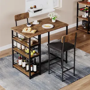 【GARVEE】Dining Table Set for 2, Counter Height Kitchen Table with 2 Upholstered Bar Stools, Dining Table and Chairs Set with Storage Shelves, for Small Space, Apartment, Studio, Retro Brown
