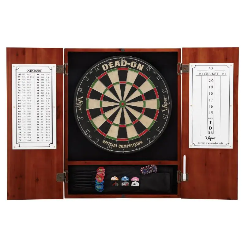 Viper 40-1019 Regulation Size Compressed Sisal Self-Healing Dead On Dartboard with Rotatable Rings, Metropolitan Cinnamon Cabinet, Steel/Soft Tip Compatible, Red, Tournament Play