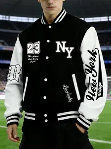 Men's Sportswear Baseball Jacket Ny Series, Geometric Pattern Print, Casual Fitted Design, All Season Wear, Comfortable Fabric