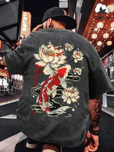 Japanese Koi Lotus Vintage Wash Loose T-Shirt, Y2K Streetwear Floral Graphic Print Top, Unisex Casual Long Sleeve Tee, Fashionable & Comfortable