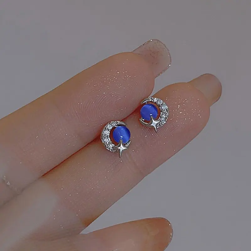 Elegant Cat Eye Stone Moon and Star Stud Earrings, Perfect for Parties, Everyday Wear and Valentine's Day, Stylish Accessories, Earrings Jewelry
