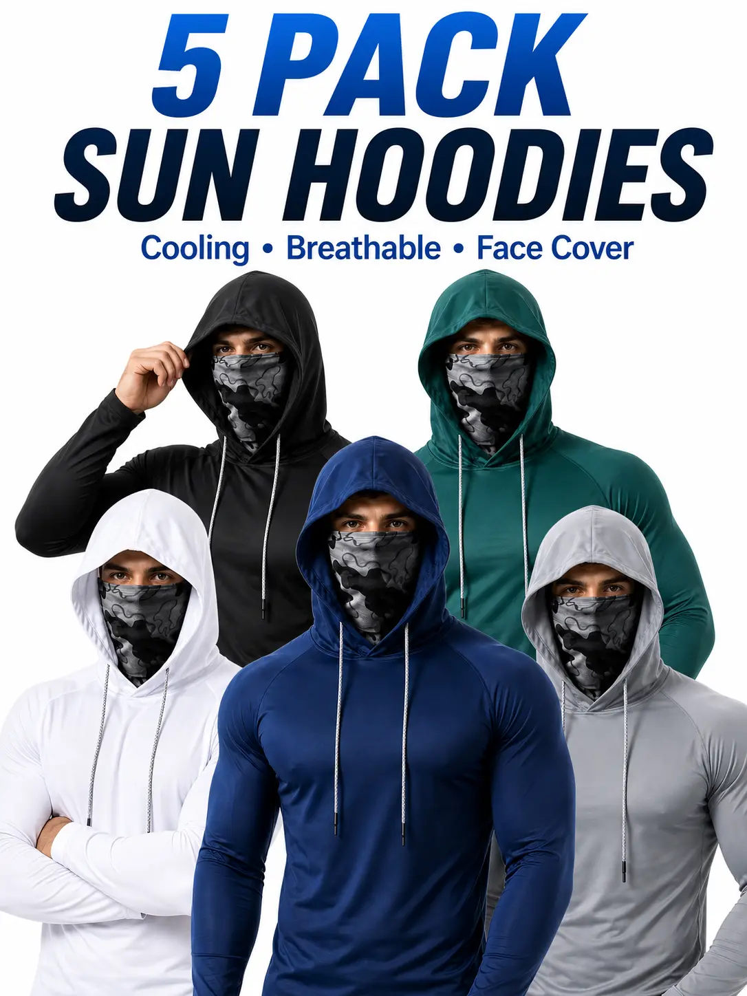 Men's 5-Pack Lightweight Sun Protection Activewear Hoodies - Breathable Long-Sleeve Outdoor Shirts with Built-In Face Cover for Fishing, Hiking