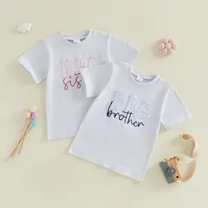 Toddler Kid Baby Girl Boy Sister Brother Matching T-shirts Letter Embroidered Short Sleeve Round Neck Tops Casual Summer Clothes 1-6 Years