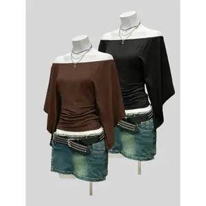 Elegant off shoulder flared sleeve women's T-shirt set, casual two-piece set, all season fashion, solid color topRAIMENTRY