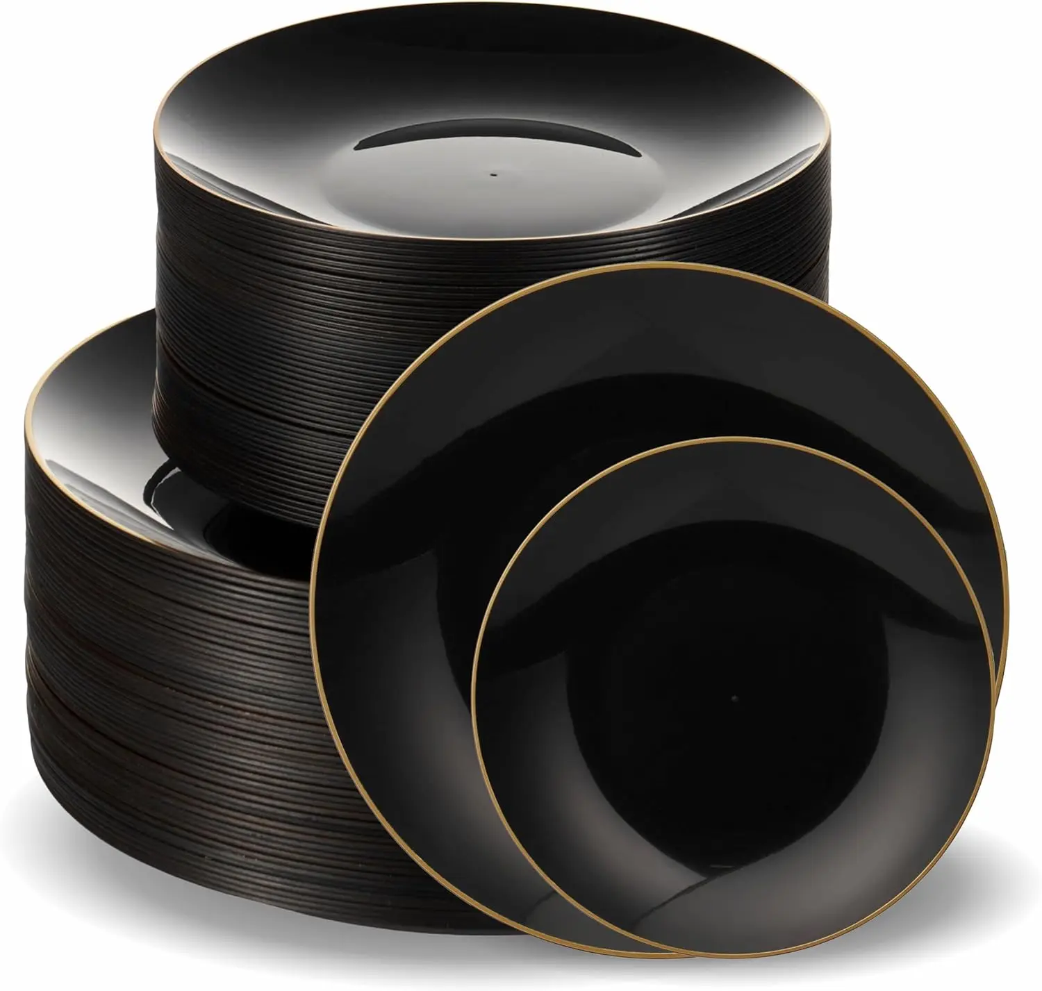 200 PCS Disposable Plastic Black Plates Combo | 100 7.5 In. Gold Rim Appetizer/Dessert Plates And 100 10 In. Gold Rim Plastic Dinner Plates | Heavy Duty Plates For Wedding, Parties Or Catering