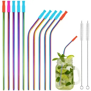 10 counts stainless steel straws reusable drinking straws colorful curved straight straws with cleaning brush storage bag and 10 silicone tip metal straws Drinkware