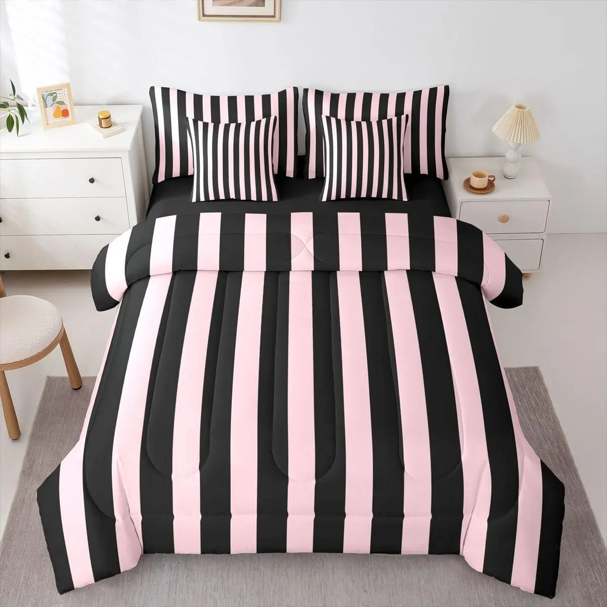 Pink and Black Striped Bedding Set Simple Vertical Stripes 7 Pieces Comforter Set with Sheets Cute Retro Vintage Stripe Bed in a Bag Modern Abstract Minimalist Aesthetic Bed Sets