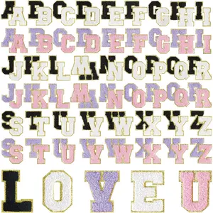 104pcs Self Adhesive Chenille Letter Patches Chenille Letters, Letter Patches for Clothing Hats Embroidered Repair( Black, Light Purple, Light Pink, White)