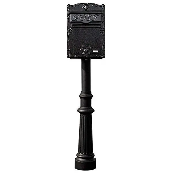 18 in. Kingsbury FRONT Retrieval Mailbox with Hanford Post & Decorative Fluted Base - Black