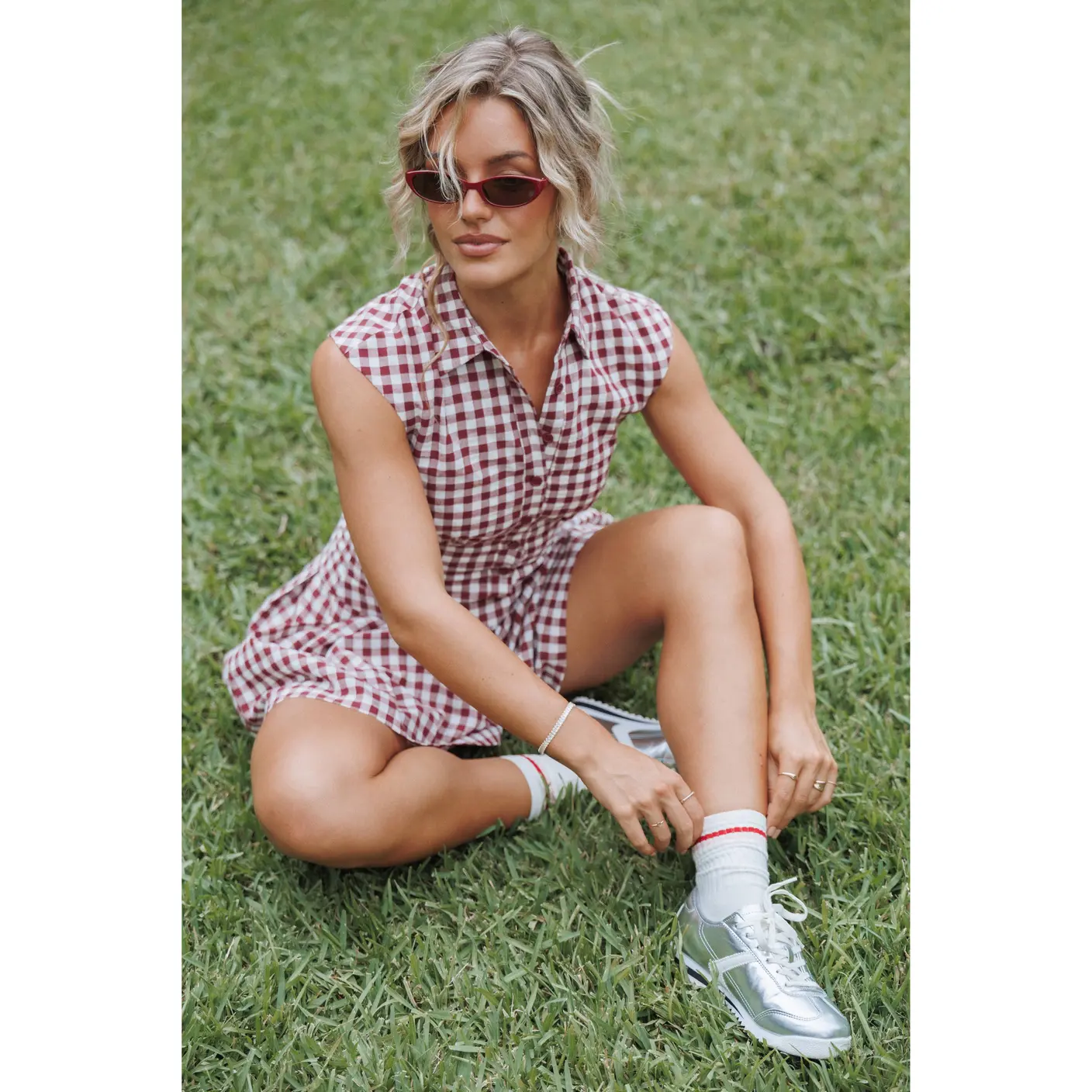 Helen Button Front Romper - Burgundy Gingham