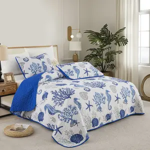 ML 3PCs Ocean Nautical BedSpread Set, Reversible Blue Bedspread with 2 Pillow Shams, Lightweight Microfiber Coverlet for All Seasons with Queen & King Bedding Decor for BedRoom and Kids Room