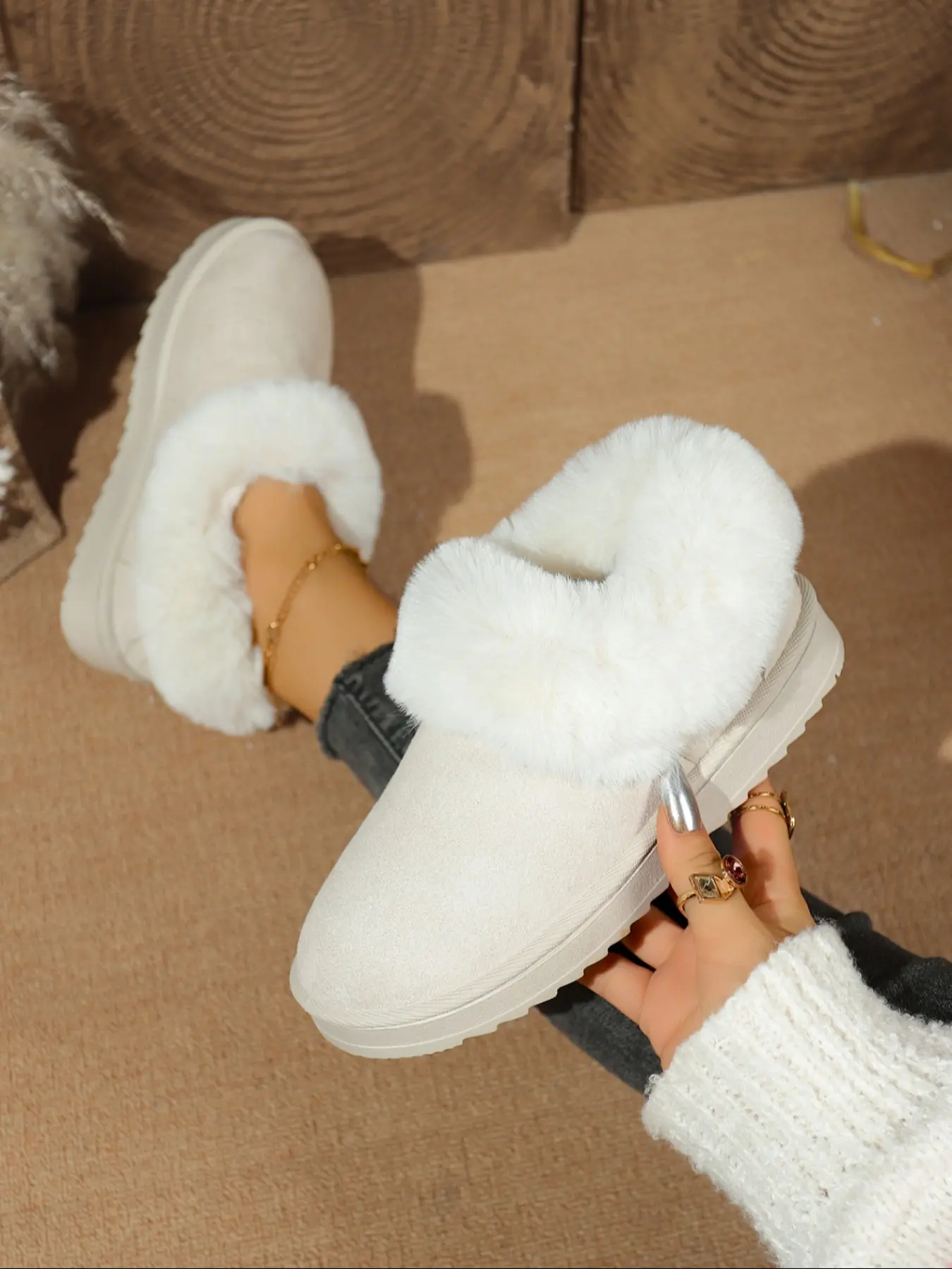 Women's Winter Warm Fleece Lined Ankle Boots, Fluffy Snow Boots, Soft Collar Anti-Slip Snow Shoes, Fashion Suede Style, Indoor Outdoor Wear