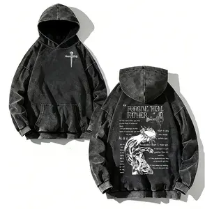 Religious Christian Washed Hoodie, Forgive Them Father Scripture Cross And Crown of Thorns Graphic Jesus Faith Apparel, Oversized Menswear And Women Menswear Tops, Gym Pump Cover, Hip Hop Y2K Graphic Apparel, Gift for Her