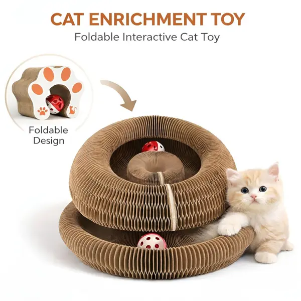 Classic Geometric Foldable Freestanding Accordion Cat Scratch Pad - Chew-Resistant Corrugated Board with Built-in Ball, Indoor-Friendly 20x25x20 cm for Kitties