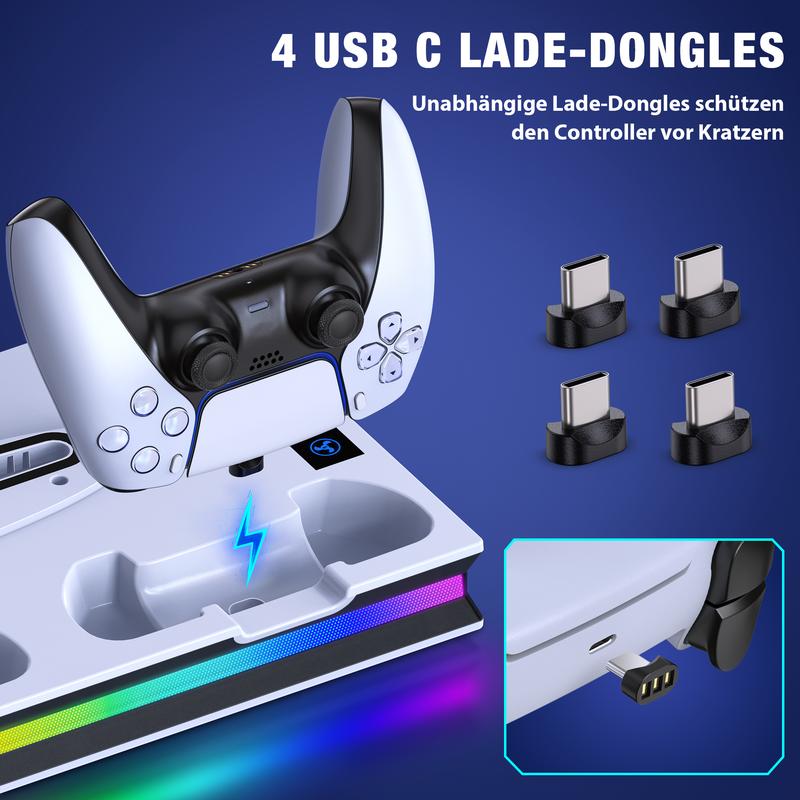 PS5/Pro/Slim Stand and Cooling Station with Controller Charging Station for Playsation 5 Disc Digital Console, PS5 Accessories Incl. 3 Level Cooling Fan, LED, 3 USB Hub, Media Slot, Headset Holder