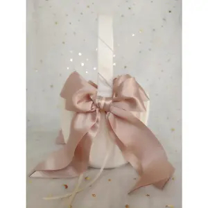 White Flower Girl Basket with Pink Double Ribbon Bow Décor for Wedding Ceremony Vow Renewal Baby Shower Party Favor (Basket)