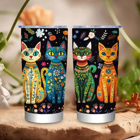 [Reusable Cat Lover Tumbler] 1pc Reusable Cat Lover Tumbler with Straw and Lid, Black and Colorblock Cat Design, Home and Outdoor Use, Holiday Gift for Men and Women. Christmas, Ideal Birthday Gift for Friends