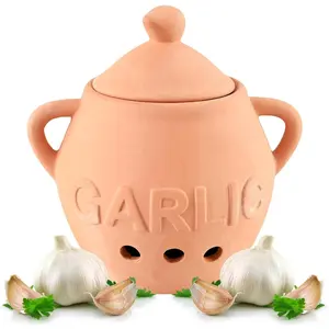 Unglazed Terracotta Garlic Keeper, Kitchen Counter Accessory, Farmhouse Storage Container with Lid, Small Storage Jar for Garlic Bulbs, 5 ¼" D x 4 ¼" H, Terra Cotta Canister Utensils