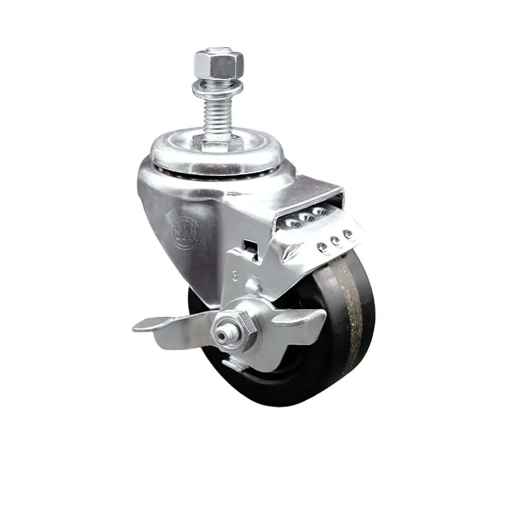 Service Caster SCC-TS20S3514-PHR-TLB-121315 Commercial Phenolic Swivel Threaded Casters, 3.5x1.25 in Impact-Resistant Wheel, 0.5 in Standard Threaded Stem, Top Locking Brake, Bolt Hole, 300 lbs Capacity for Material Handling Equipment, Shop Projects