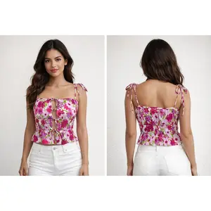 Women’s Floral Tie Front Crop Top – Shoulder Tie Camisole
