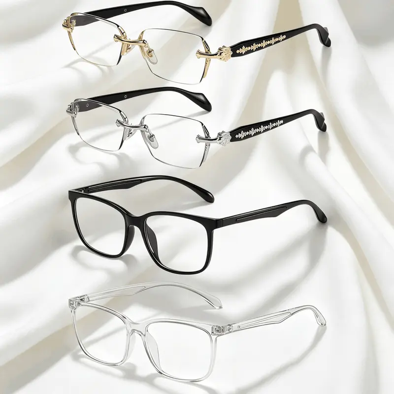4Pcs Rimless High Quality Eyewear, Black & Clear Square HD Clear Lenses Glasses Set, Glasses with Diamond-Cut Edges, Rectangular HD Clear Lenses, Gold and Silver Plating Fashion Temple Metal Decor Accessories,Shape Flatters Face, Anti Eyestrain