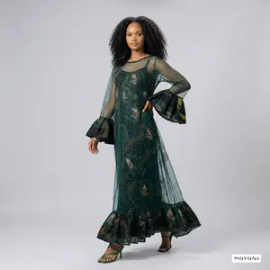 African Print Dress /  Forest Green Sheer Overlay Ankara Maxi Dress