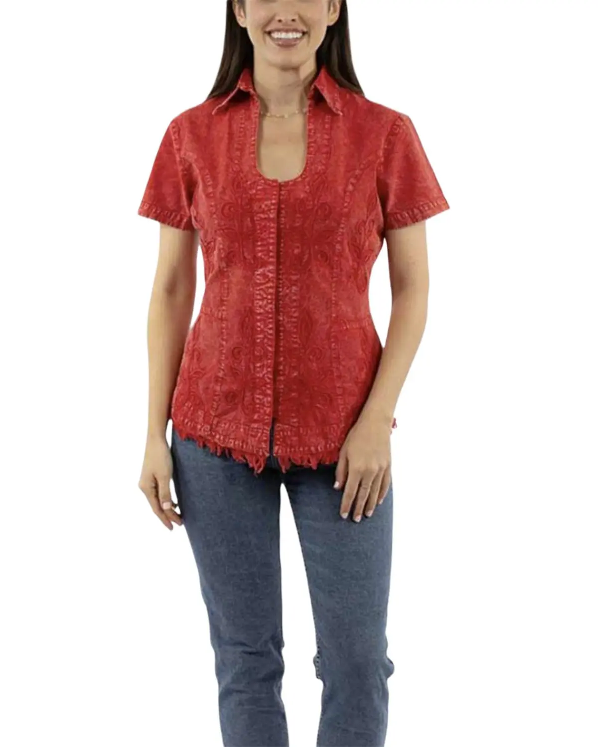 Scully Women's Women'S Short Sleeve Embroidered Cantina Blouse - Psl-273-Red
