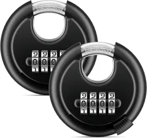 4-Digit Disc Combination Lock Outdoor - Heavy Duty Combination Padlocks with Hardened Steel Shackle Weatherproof Combo Locks for Gates,Sheds,Fence,Storage Unit (3/8" Shackle, Black,2 Pcs)
