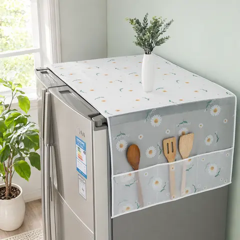 【Summer Sale Deals】Daisy Floral Refrigerator Dust Cover - Waterproof, Lightweight, Multi-Functional, Double Side Storage Pockets - Kitchen Storage, Daily Decoration Kitchen Appliance Top Accessory, 1 Pack Home Essential