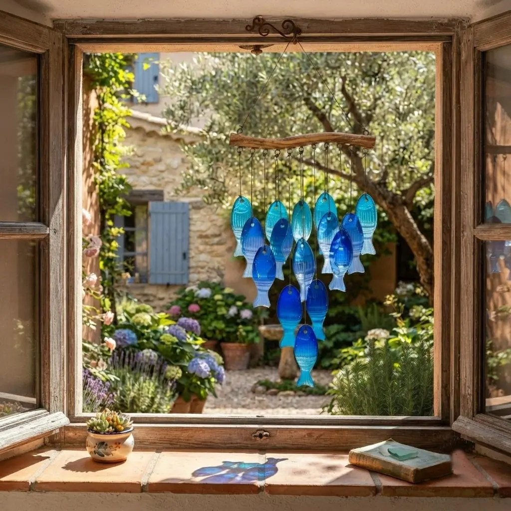 Handcrafted Ocean Blue Glass Fish Wind Chime – Stunning Coastal Beach House Decor – Unique Capiz-Style Hanging Ornament for Patio, Garden, Porch, and Outdoor Sanctuary – Relaxing Garden Art and Perfect Gift for Nature, Garden Hanging Gift