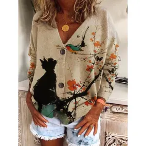 Women’s V-neck loose cat-print knitted cardigan with patches, autumn/winter long-sleeve button-front sweater, casual elegant jacket, knitwear, women’s clothing GARMENTARY