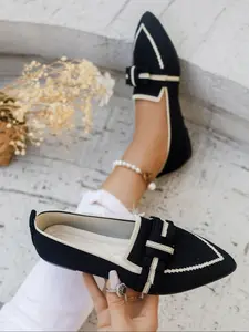 Women's Pointed Toe Textile Flat Shoes, Bow Design, Breathable Mesh Upper, Slip-On Comfort, Casual All Season Footwear, Pointed Toe Flats