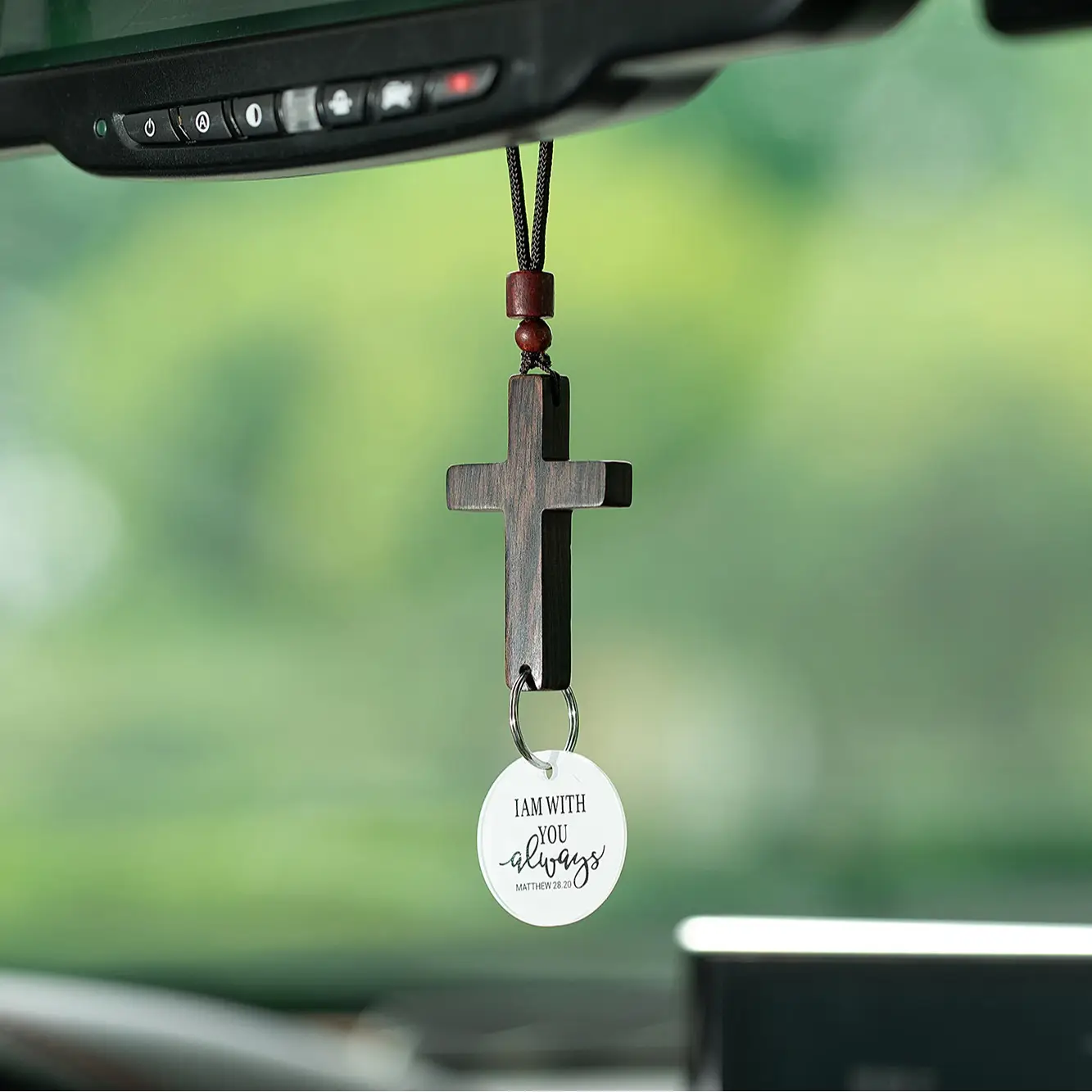 Bible Verse Car Rearview Hanging Cross Ornament "I Am With You Always" Solid Sandalwood Carving Hand-Sanded Christian Accessory for Car Mirror Decor S