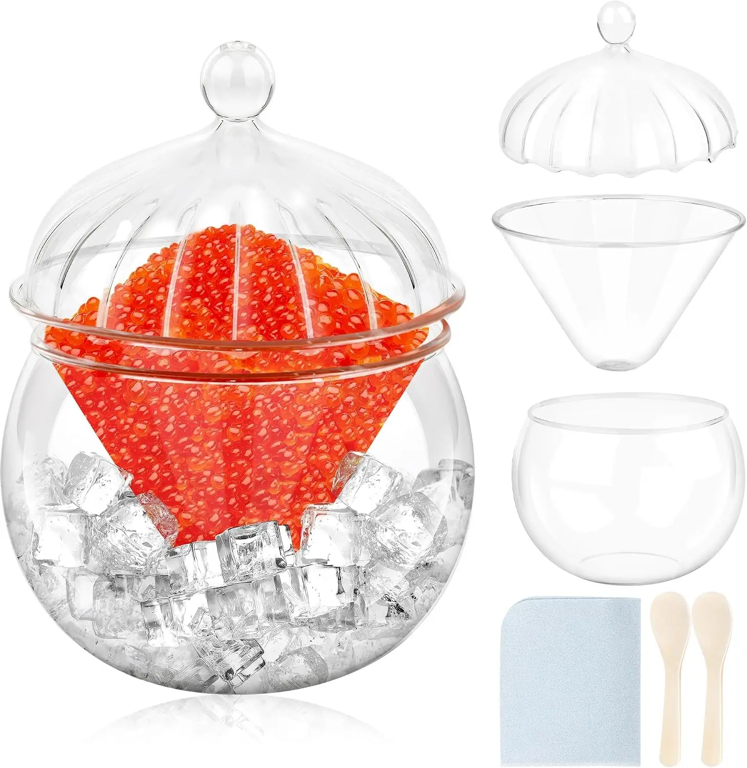 Glass Caviar Serving Set with Lid and 2 Pcs Mother of Pearl Spoon Caviar Chiller Serving Dish with Ice Holder