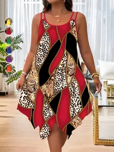 Plus Size Fashion Women's Casual Sleeveless Leopard Print Patchwork Dress, Asymmetrical Hem Loose Beach Dress, Trendy Summer Womenswear