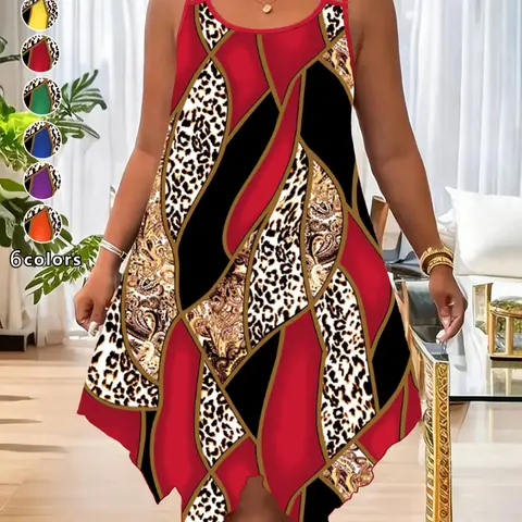 【Black Friday】Women's Fashion Leopard Patchwork Spaghetti Strap Cami Dress, Casual Asymmetrical Hem Sleeveless Sundress for Beach, Trendy Womenswear, Chic Summer Dress