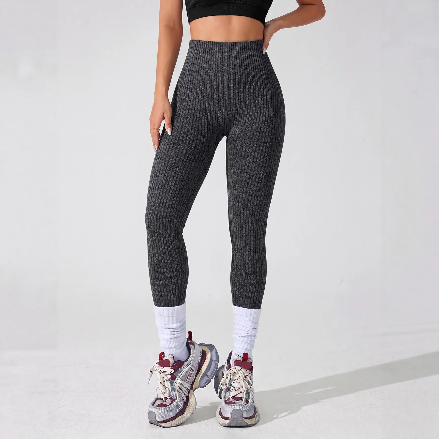 Women High Waist Butt Lifting Yoga Pants, Ribbed Peach Hip Slim Fit Leggings, Outdoor Running Workout Long Trousers