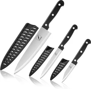 3-Piece Stainless Steel Kitchen Knife Set with Sheaths – 8″ Chef Knife, 4.5″ Utility Knife & 4″ Paring Knife for All Cutting Tasks