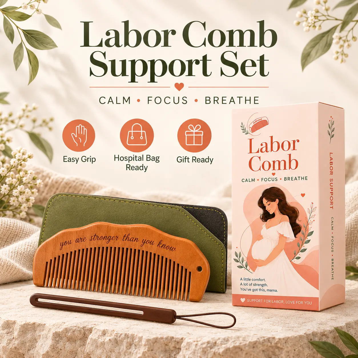 Labor Comb for Labor and Delivery, Wooden Birth Comb with Storage Pouch and Wrist Strap, Pregnancy Hospital Bag Essential, Baby Shower Gift for Mom-to-Be