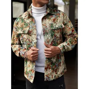 Men's Vintage Floral Butterfly Sunflower Jacket, Loose-Fit Woven Fabric, Button Front, Dual Pockets, Spring & Fall Casual Wear
