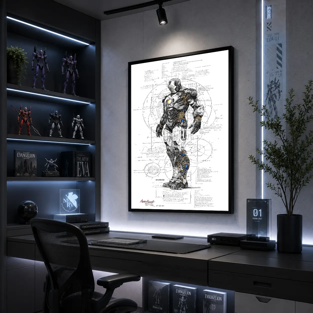 Vintage Steampunk Mechanical Armor Framed Canvas Print, Da Vinci-style engineering blueprint robot warrior wall decor. Perfect for home, office, man cave and game rooms, a thoughtful gift for tech and machinery lovers.