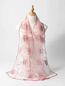Fashion Floral Embroidered Hijab Scarf, Elegant Women's Headscarf Headwrap, Muslim Daily Wear Turban, Breathable Beach Long Shawl, Floral Pattern Shawl