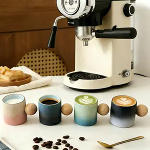 70ML Ceramic Demitasse Coffee Cup with Wooden Handle, Gradient Color Design, Vintage Style, Ideal for Home or Office Use, Perfect Birthday Gift